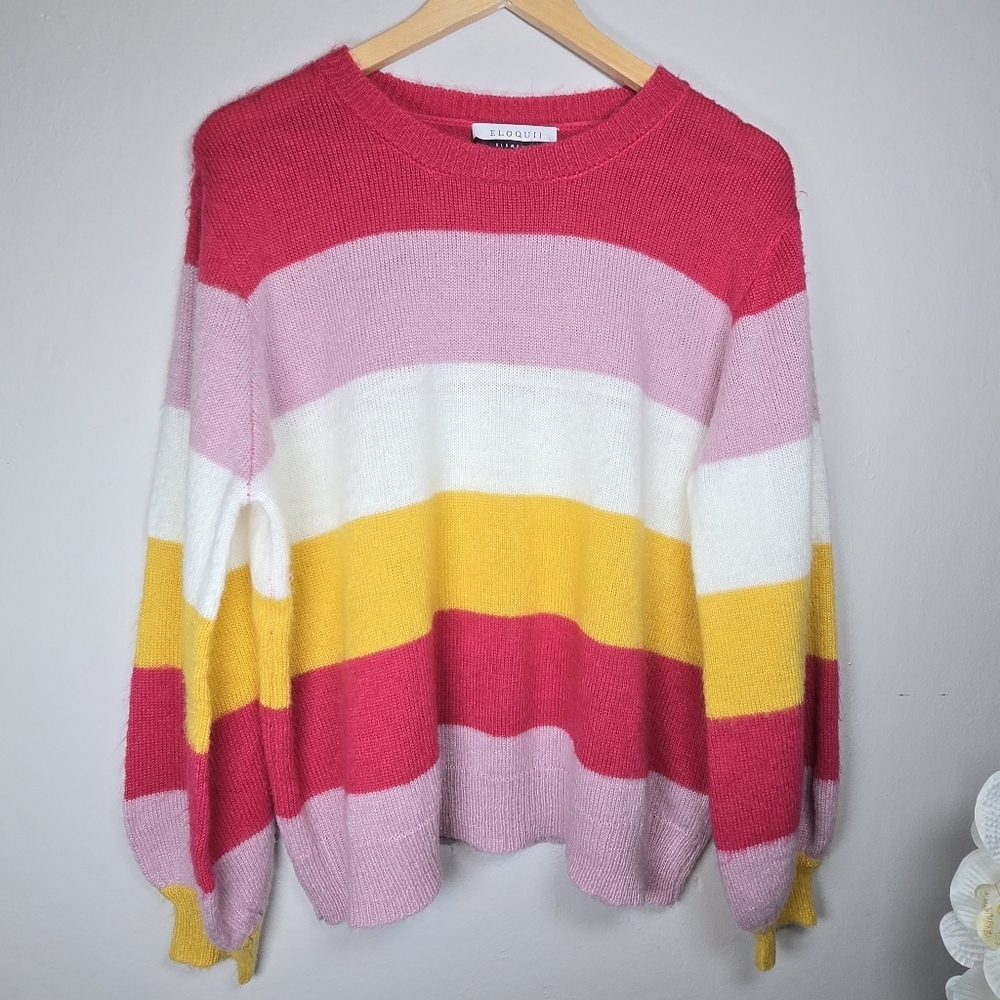 Eloquii Stripe Colorblock Fuzzy Knit Sweater Acrylic Sz 18-20 Balloon Sleeve - Picture 9 of 13